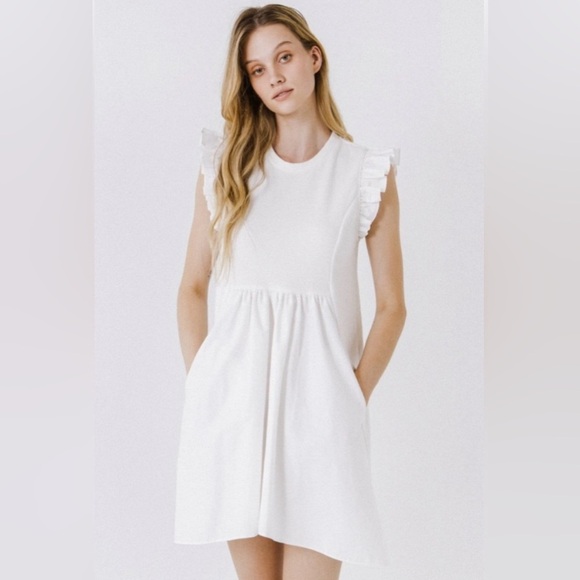 English Factory Mixed Media Ruffle Sleeve Mini Dress Lined Size Medium NWT - Picture 1 of 14